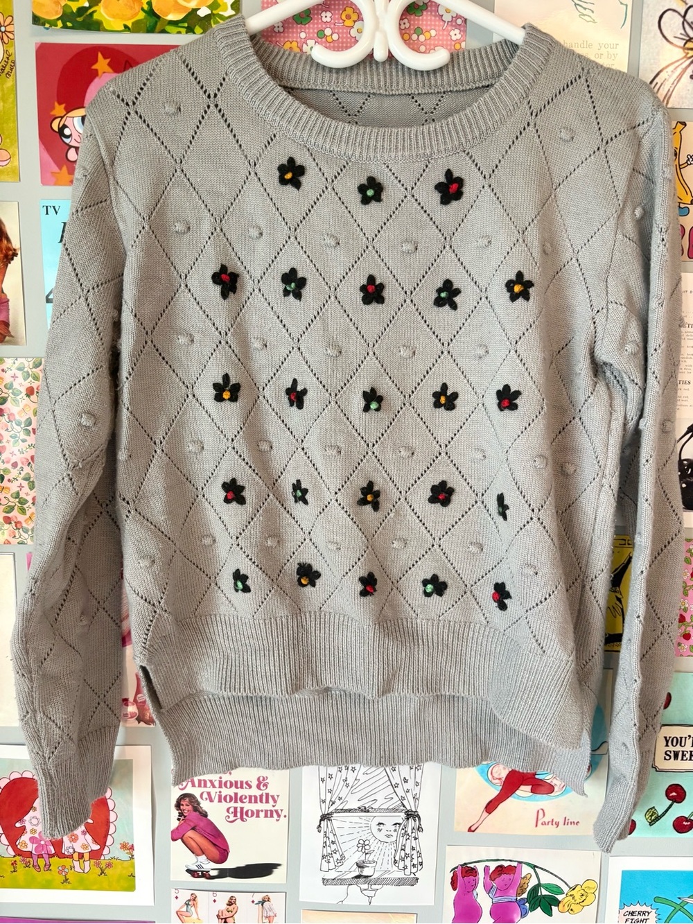 Light Gray Floral Unique Vintage Style Knit Sweater